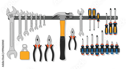 Comprehensive set of hand tools including wrenches, hammer, pliers, and screwdrivers is organized on a wall mounted rack illustration.