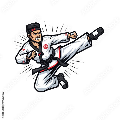 Dynamic illustration of a male martial artist performing a high side kick in a white gi, conveying intensity and action against a white background