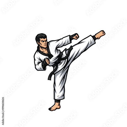 Dynamic illustration of a martial artist executing a powerful side kick in a white karate uniform, conveying focus and athletic prowess against a clean background