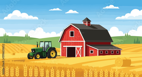 Foto A cartoon farm scene with a green tractor and red barn