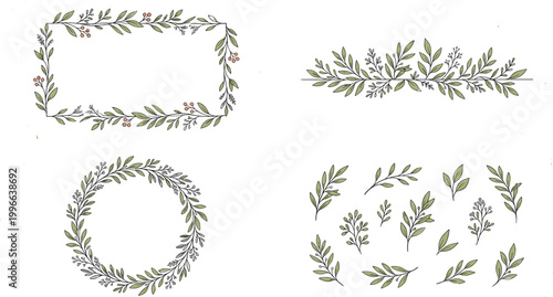 Decorative Green Leafy Wreaths Frames Borders and Botanical Branches Vector Illustration Collection