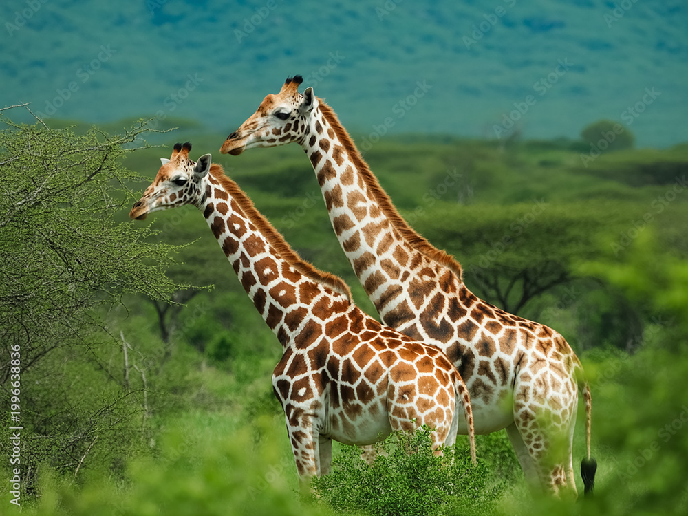 Obraz premium A photograph of two reticulated giraffes standing side by side in a lush African savanna setting .