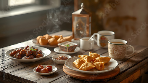 Assorted Traditional Snacks and Coffee on Rustic Table