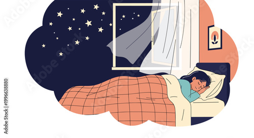 Young person sleeps peacefully in a cozy bed at night with a starry sky visible through an open window in this illustration.