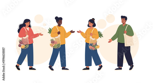 Environmentally conscious shoppers walk with mesh reusable bags filled with fresh fruits and vegetables to promote a sustainable lifestyle.