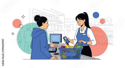 Friendly supermarket cashier scans groceries for a customer at the checkout counter in a modern retail store illustration.