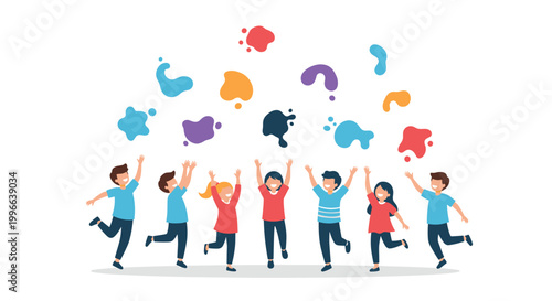 Group of diverse happy children jump and cheer together under colorful paint splats against a clean white background illustration.