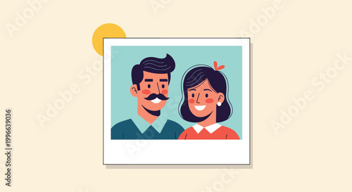 Stylized retro portrait of a smiling man with a mustache and a woman with a bow in her hair is framed like an old photograph.
