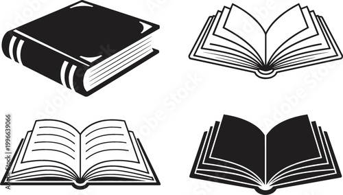 Book Icon Set with Open and Closed Books in Solid and Outline Styles, Educational Literature Symbols for Library Design, Reading Concepts, and Academic Graphics