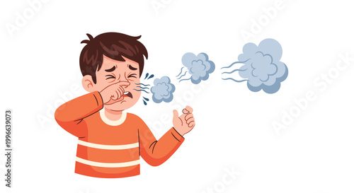 Young boy in an orange striped sweater looks distressed while sneezing and blowing his nose into his hand in this illustration.