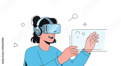 Young woman wearing a virtual reality headset interacts with a digital interface and floating icons in a modern tech illustration.