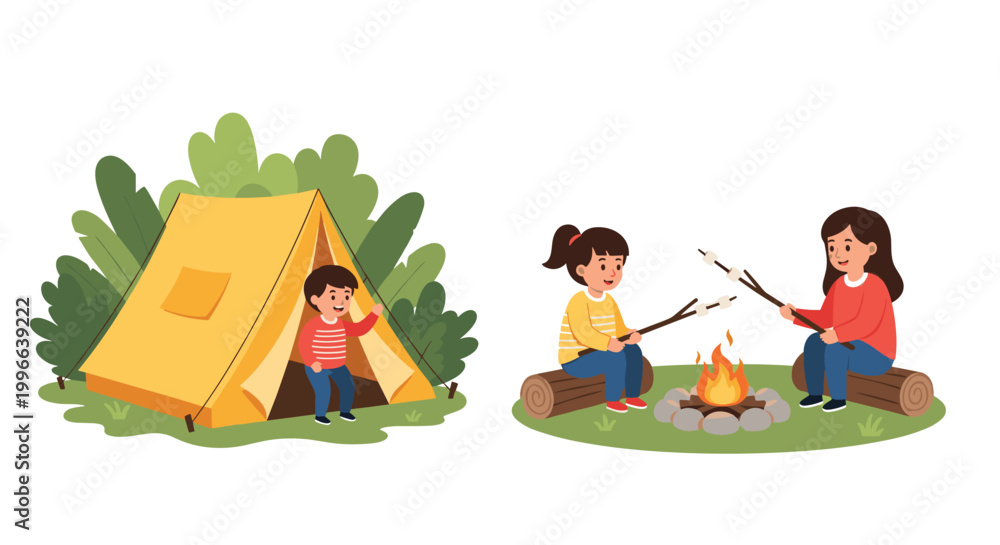 Naklejka premium Group of children enjoys a camping trip with one boy in a tent and two girls roasting marshmallows over a cozy campfire.