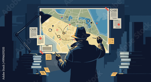 Detective in a trench coat and hat stands before a large map covered with notes and evidence to solve a mystery in an office.