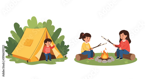 Group of children enjoys a camping trip with one boy in a tent and two girls roasting marshmallows over a cozy campfire.