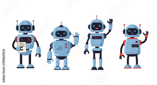 Set of four friendly and diverse robots with different designs and functions are shown waving and smiling in a row illustration.