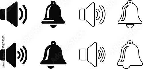 Sound and notification bell icons, outline and flat style, alert reminder symbol, volume icons,