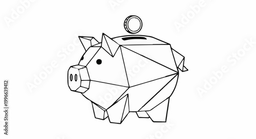 Geometric piggy bank illustration with coin on white