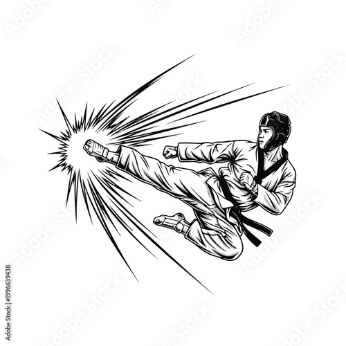 Dynamic black and white illustration of a taekwondo athlete performing a powerful side kick in mid-air, conveying intense esport action against a clean backdrop