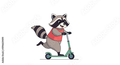 Happy cartoon raccoon wearing an orange t-shirt rides a green kick scooter against a clean white background illustration.