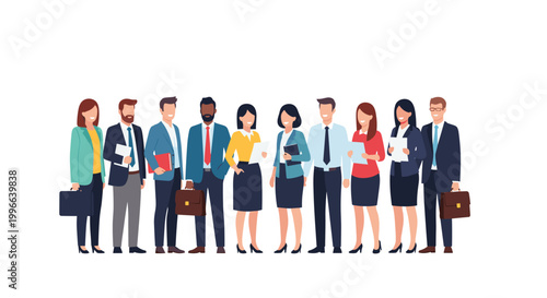 Group of professional business people in formal office attire stand together in a row ready for a corporate team photo or meeting.