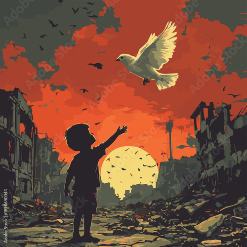 Child reaches for a dove in a devastated landscape, symbolizing hope and peace amidst destruction.