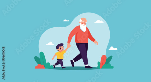 Happy grandfather walking and holding hands with his young grandson in sunny park with green trees and light blue sky.
