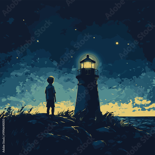 A young boy admires a glowing lighthouse under a starlit sky, capturing the essence of adventure and wonder.