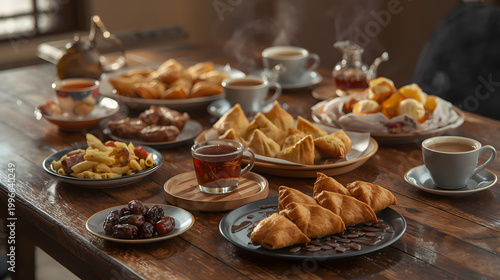 Assorted Traditional Snacks and Coffee on Rustic Table