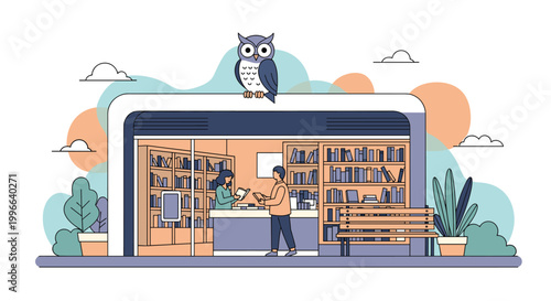 Modern library building or bookstore with large owl mascot on roof and people browsing bookshelves inside illustration.