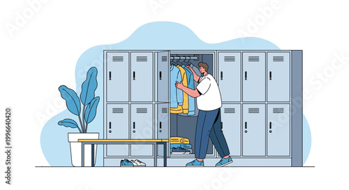 Young man changing clothes in gym locker room area with rows of gray lockers and wooden bench near indoor green plant.