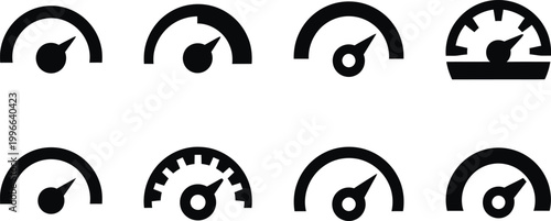 Speedometer and gauge icon set, dashboard performance meter symbols, automotive speed