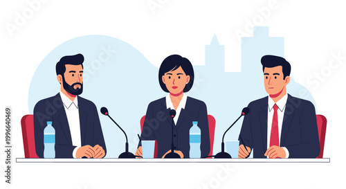 Three business professionals or politicians sitting at press conference table with microphones and water bottles in a row.