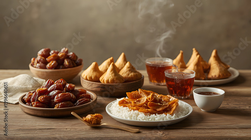 Assorted Traditional Snacks and Coffee on Rustic Table