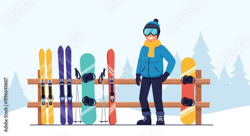 Smiling man in blue winter jacket standing near wooden rack with skis and snowboards in snowy mountain landscape background.