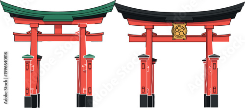 Elegant Japanese Torii Gates with Golden Emblem and Colorful Curved Roofs on White