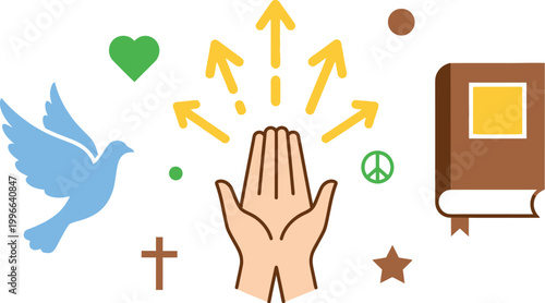 Hands held in prayer represent a spiritual journey surrounded by icons of peace, faith, and enlightenment.