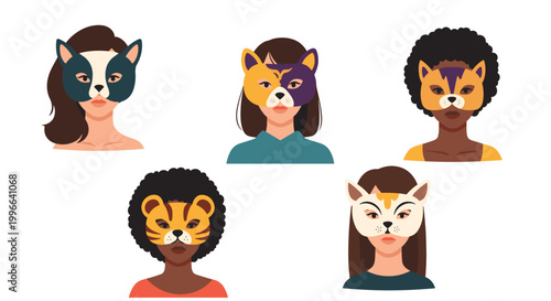 Set of diverse women's faces are partially covered with different animal masks such as cats and tigers for a costume party or masquerade.