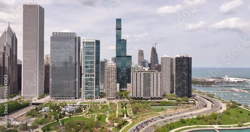 Aerial View of Chicago Skyline with Heavy Traffic on Lake Shore Drive Along Lake Michigan on a Clear Day – April 23, 2026
