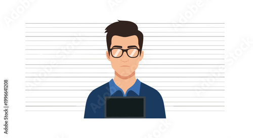 Criminal mugshot of a serious man with glasses holding a booking plate against a height chart background for identification.