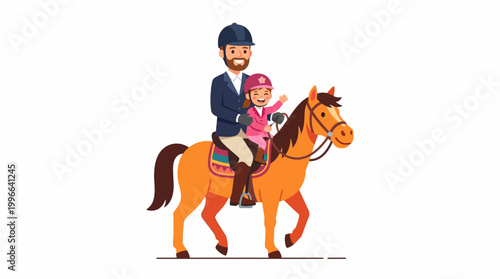 Father and daughter enjoying a horseback riding adventure together, a wholesome family activity