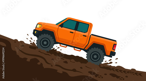 Dynamic orange pickup truck conquering a muddy uphill trail, illustrating an exciting off-road adventure with power and determination