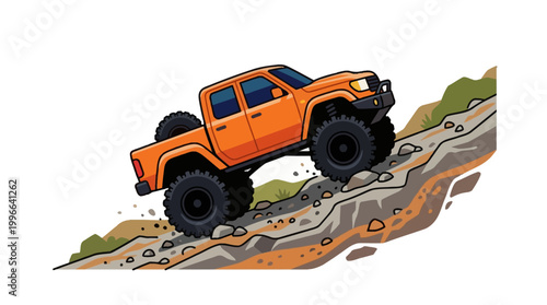 Orange off-road pickup truck navigating a steep, rocky incline with dramatic elevation changes and natural landscaping, illustrating adventure and challenging terrain exploration