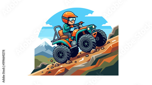Dynamic illustration of a joyful rider on an ATV conquering a steep, rocky mountain path, symbolizing the thrill of outdoor off-road adventure and exploration