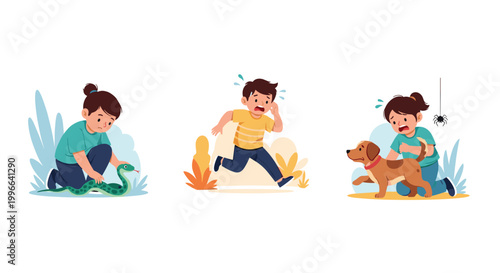 Set of vector illustrations showing children experiencing common fears including snakes, dogs, spiders, and running away.