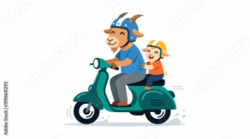 Adorable cartoon goat parent and child embark on a joyful scooter adventure, demonstrating happy family travel and road safety with helmets