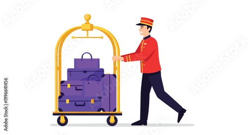 Friendly hotel bellhop in a red uniform pushing a golden luggage trolley loaded with several purple suitcases and bags.