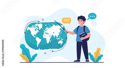Enthusiastic student boy holding a textbook and pointing with a stick at a world map illustration on a light blue background.