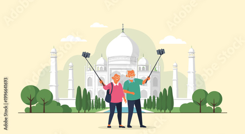 Senior tourist couple taking a selfie with sticks in front of the Taj Mahal in Agra, India, during their world travel tour.