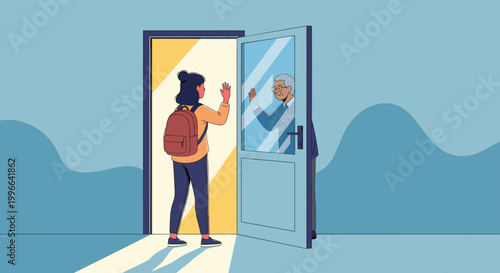 Young girl with a backpack waving goodbye to her grandfather through a glass door as she departs from home for a journey.