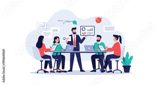 Diverse business team having a collaborative meeting around a conference table with laptops and statistical data charts.